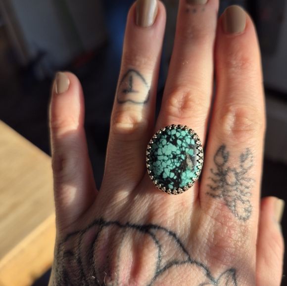 Handmade Sterling Silver and Kingman Turquoise Ring Size 7 - Picture 11 of 12